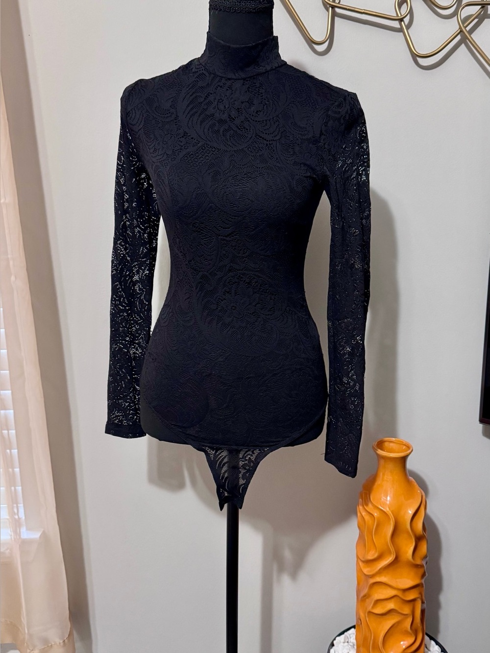 Charlotte Russe Black Lace Mock Neck Long-Sleeve Bodysuit
